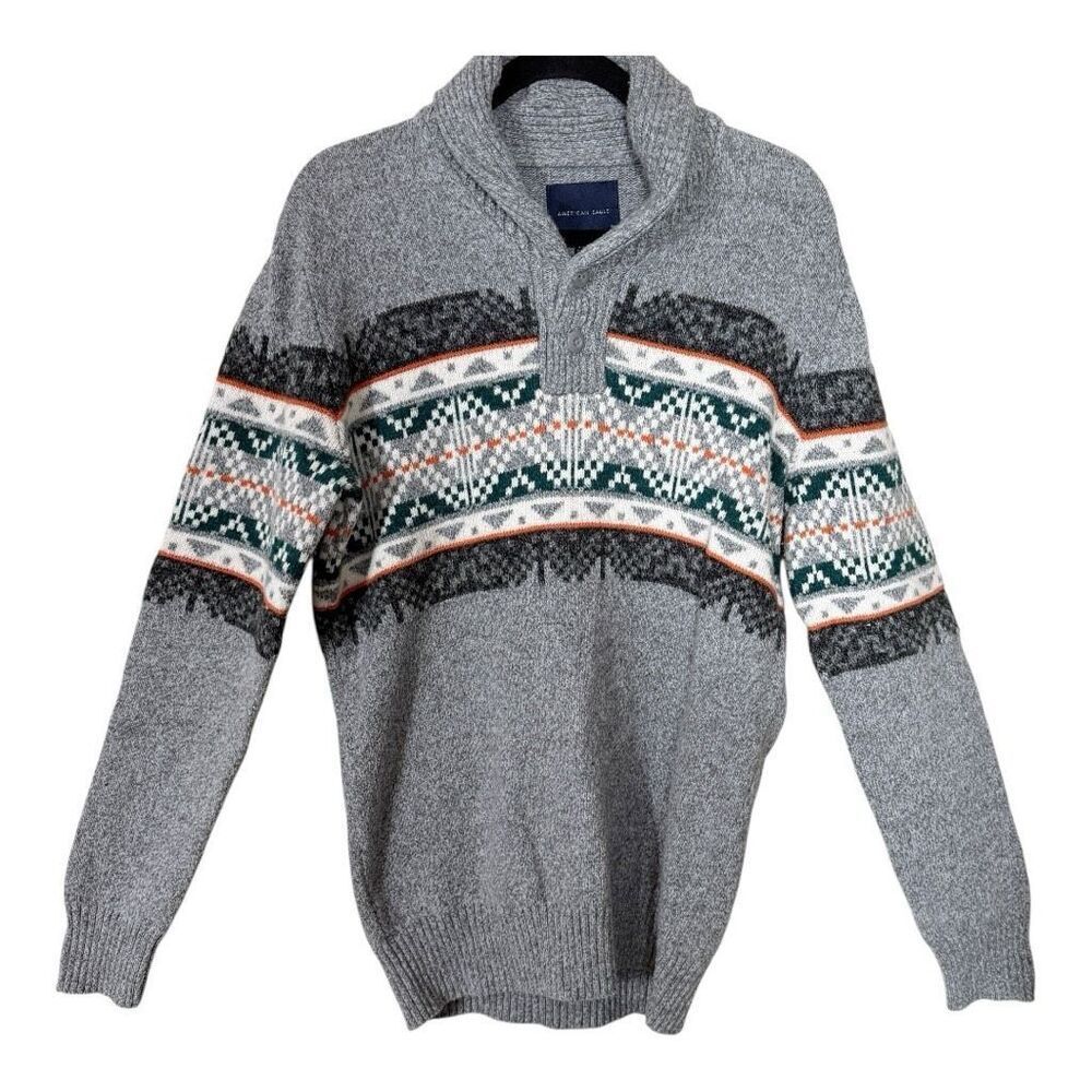 American Eagle Men’s Gray Fair Isle Grandpa Pullover Sweater‎ Size Medium Tall